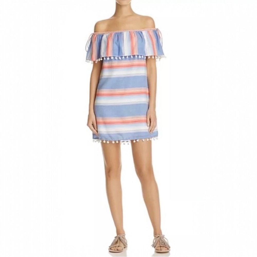 Saylor Angie Stripe Off Shoulder Pom Pom Mini Dress Blue Small Coastal Nautical